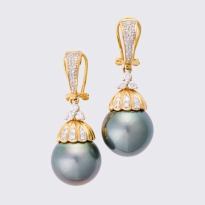 14ct Yellow Gold,13.7mm South Sea Pearl Drop / .30ct Diamond Accent Earrings