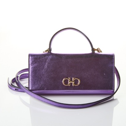 Salvatore Ferragamo, Gancini Metallic Purple Mini Crossbody with Box