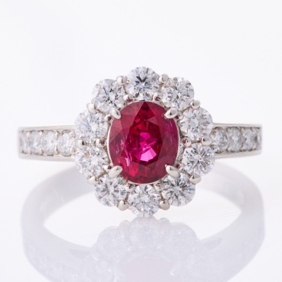 Platinum, Modern, 1.22ct Ruby / .99ct Diamond Ring - As new