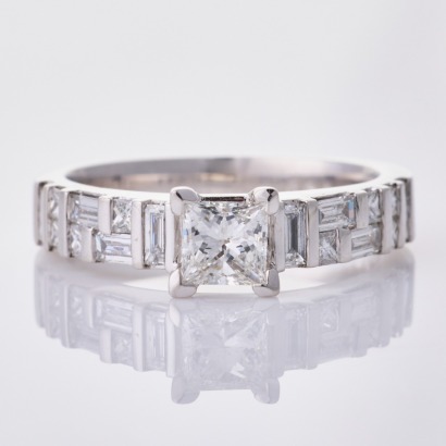 Platinum, 50ct Princess Cut Diamond /.69ct Diamond Shoulder Ring - As new