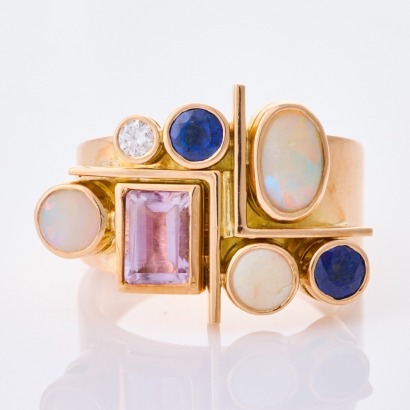 18ct Rose Gold, Vintage, 6.00ct Opal, .56ct Sapphire, .74ct Quartz / .10ct Diamond Ring