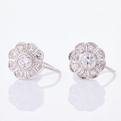 Platinum / 18ct White Gold / 9ct White Gold, .77ct Diamond Floral Design Screw Back Earrings