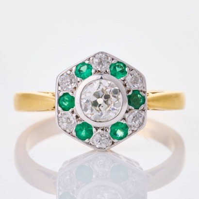 18ct Yellow Gold, .57ct Old Mine Cut Diamond / .24ct Emerald Ring