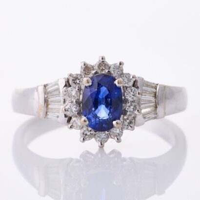 18ct White Gold, .70ct Blue Sapphire / .33ct Diamond Set Cluster Ring