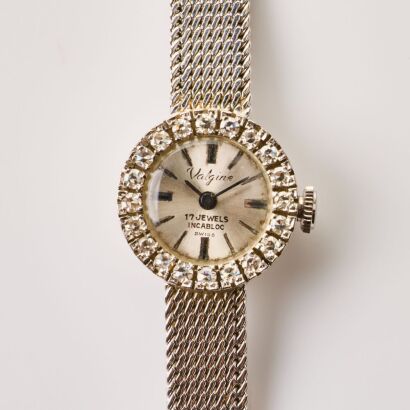 9ct White Gold, 17.5mm Vintage, Valgine Swiss Hand-Wound Diamond Cocktail Wristwatch