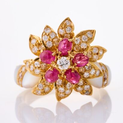 18ct Yellow Gold, .70ct Ruby / .75ct Diamond / Mother of Pearl Set Dress Ring