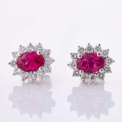 18ct White Gold, 1.22ct Ruby / .48ct Diamond Cluster Stud Earrings