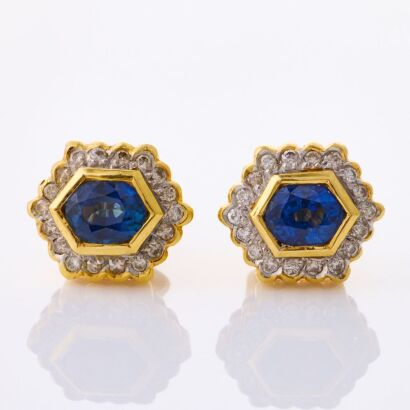 18ct Yellow Gold, Modern, .80ct Sapphire /.18ct Diamond Hexagon Cluster Stud Earrings