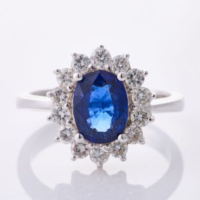 18ct White Gold,1.38ct Blue Sapphire / .50ct Diamond Cluster Ring