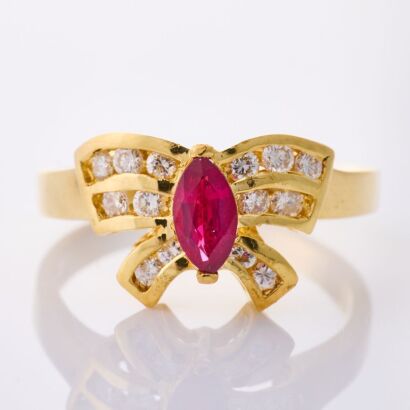 18ct Yellow Gold, Marquise cut Ruby / Diamond Ring