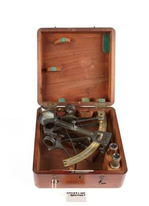 A Vintage Bronzed Frame Sextant with Fitted Mahogany Case and Accessories