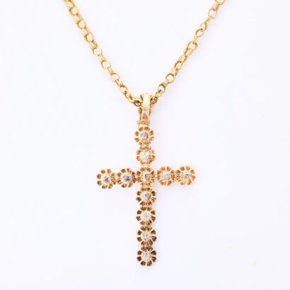 14ct Yellow Gold, Antique Diamond Set Cross Pendant on 71cm, 9ct Yellow Gold Chain