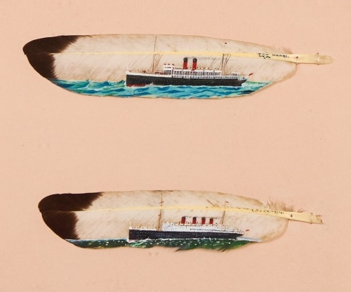 FRANK BARNS Two Feathers with Paintings of Ships