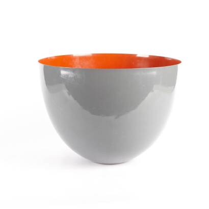 Contemporary Large Metal Bowl with Grey Exterior and Red Interior