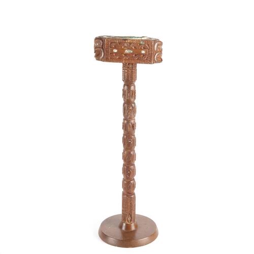 New Zealand Maori Carved Folk Art Smoker Stand with Paua Inserts