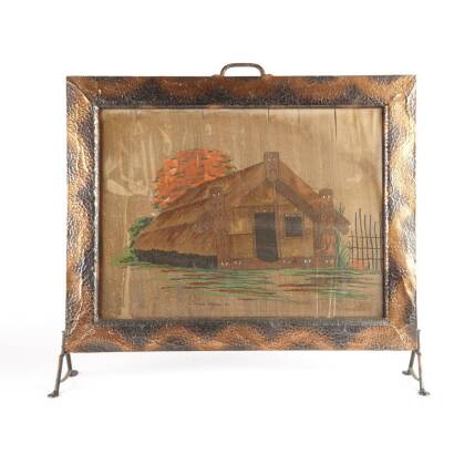 A Copper Beaten Fire Screen with Painted Whare Scene by Elbon Art