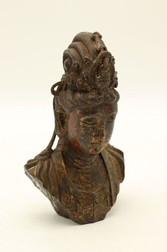 A Bronze and Gold Lacquered Head of Guanyin