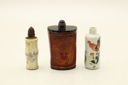 A Chinese Porcelain Snuff Bottle AND Two Bone Snuff Bottles