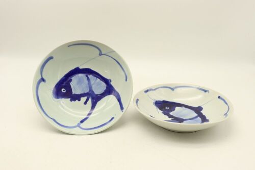 A Pair of Chinese 20th Century Blue and White 'Fish' Dishes