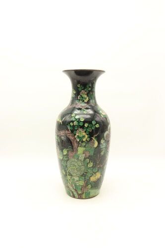 A Chinese Qing Dynasty Ink-ground Wucai 'Birds and Flowers' Vase