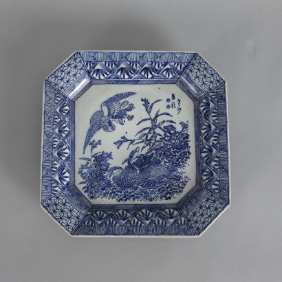 A Japanese Late Meiji Period Blue and White 'Floral and Bird' Saucer