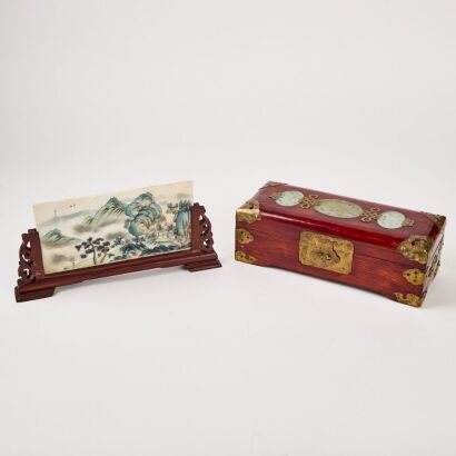 A Chinese Wood Decorated Jade Jewellery Box And A Small 'Landscape' Table Screen