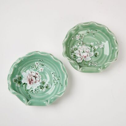 A Pair Of Japanese Meiji Period Celadon-Glazed Polychrome-Painted Foliate-Rim Dishes