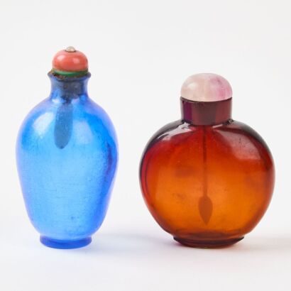 A Chinese Blue Glass Snuff Bottle And Two Red Glass Snuff Bottles