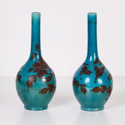 A Pair of Japanese Meiji Period Turquoise-glazed Bottle Vases