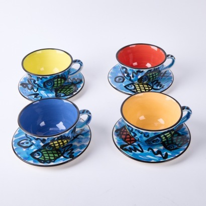 A Set of Four Fish Pattern Scott Hockenhull Cup and Saucers