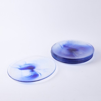 A Set of Eight Bormioli Rocco Murano Blue Swirl Dinner Plates
