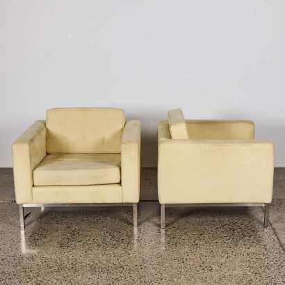 A Pair of Modern Cubed Lounge Chairs In Light Coloured Upholstery A/F