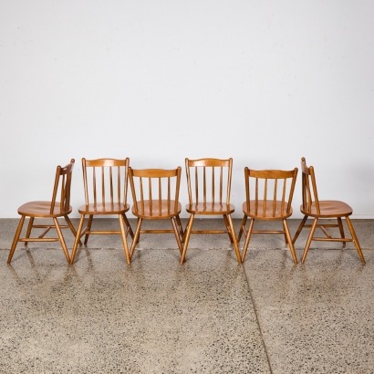 A Set of Six Solid Beech Timber Mid Century Chairs