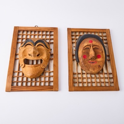 A Pair of Hahoetal Carved Wooden Wall Masks