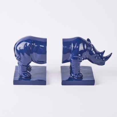 A Pair of Rhino Bookends in Petrol Blue