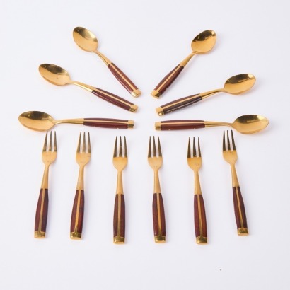 A Set of Twelve Mid Century Brass & Rosewood Cake Forks and Teaspoons