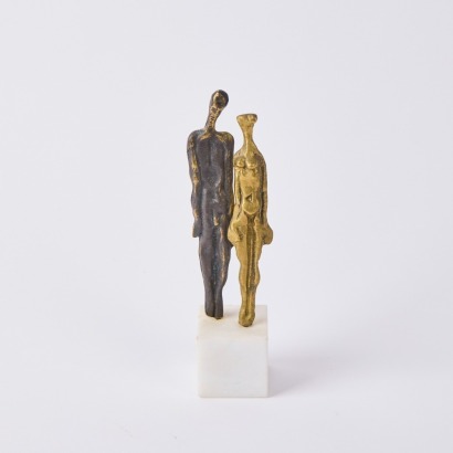 A Signed Brutalist Style Bronze Figurine Sculpture on Marble Base