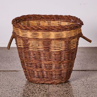 A Large Willow Harvesting Basket With Wooden Handles