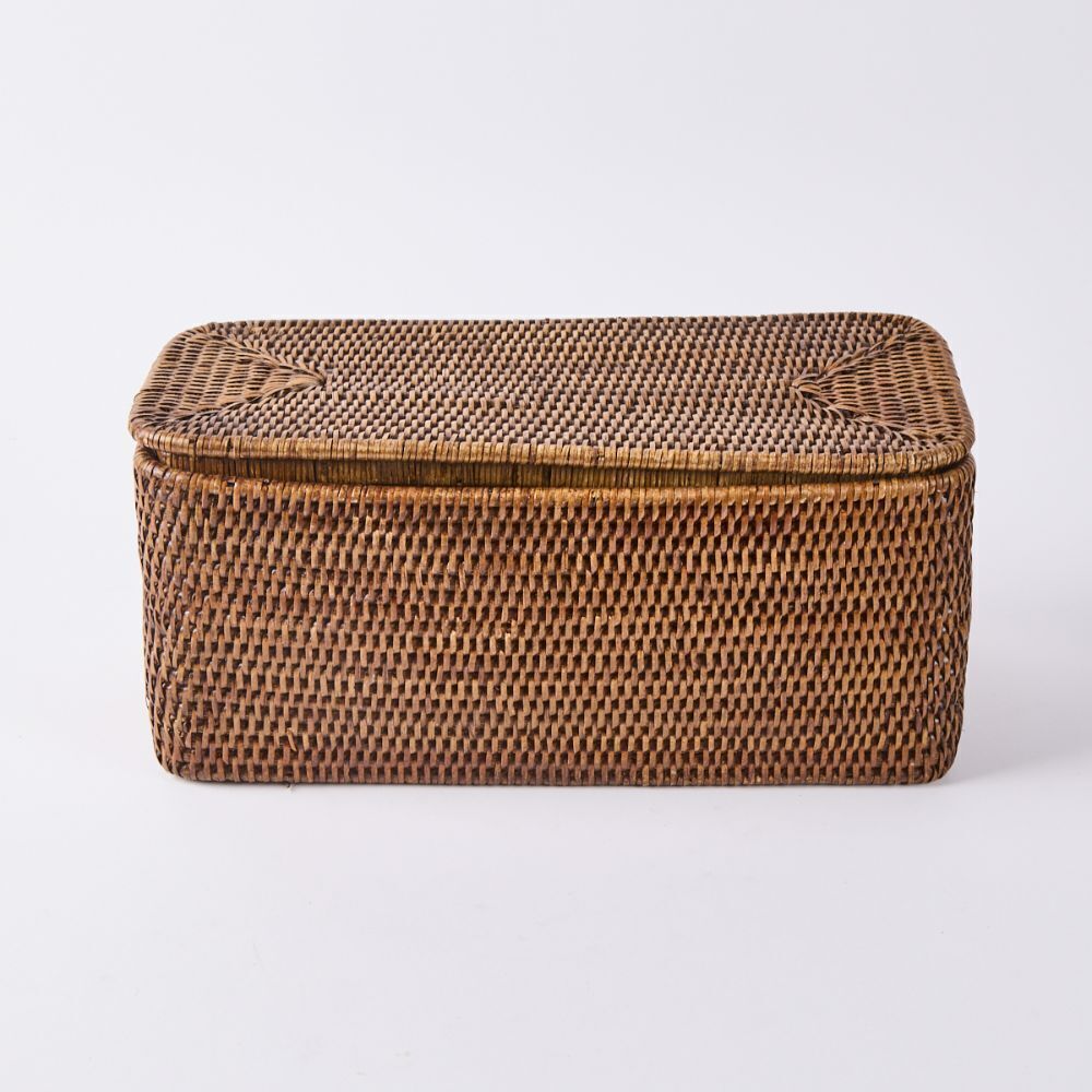 A Handmade Woven Rattan Wicker Oblong Container with Lid