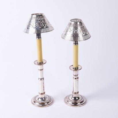 A Pair of Silver Plate, Sheffield Candlesticks with Two Candle Inserts and Shades A/F