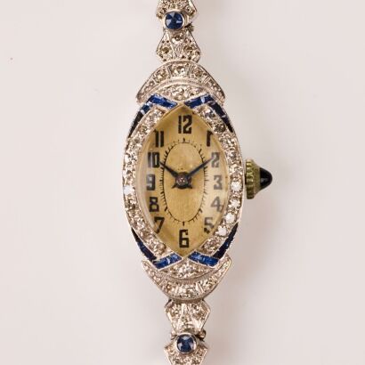 18ct White Gold, Art Deco, Diamond / Sapphire, Swiss Cocktail Manual Wind Wristwatch