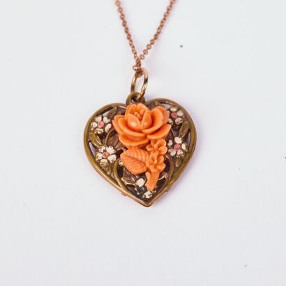 A Vintage Filagree Heart And Coral Flower Necklace