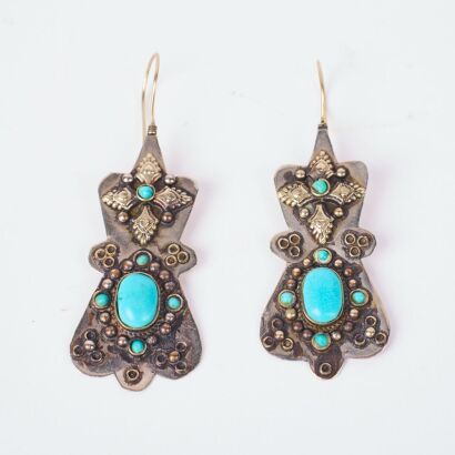 A Pair Of Large Vintage Mexican Silver And Turquoise Handcrafted Earrings