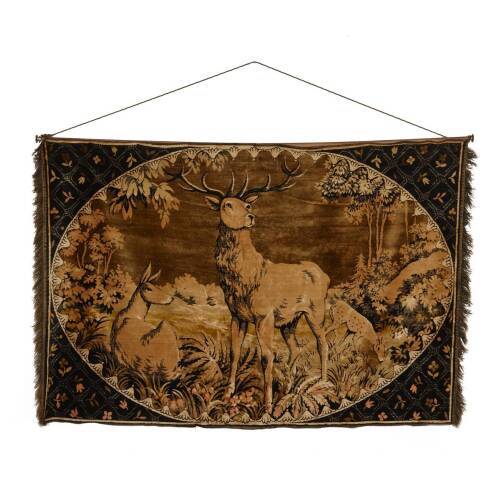 A Large Machine Woven Belgian Tapestry Depicting Deer in the Forrest