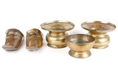 A Pair of Heavy Cast Bronze Shoe Shaped Wall Vases and 3 Brass Bowls