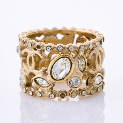 Chanel, Gold-tone Crystal CC Ring, SIze L
