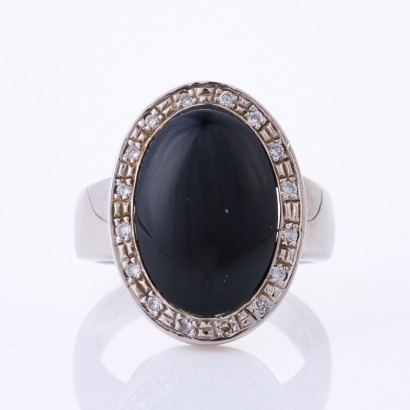 18ct White Gold, Modern, Onyx / .20ct Diamond Accents Ring