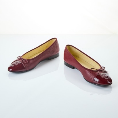 Chanel, Burgundy Patent Cap Toe CC Ballet Flat Shoes, Size 40