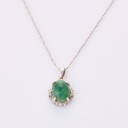 Platinum, Green Stone Pendant on 40cm, 18ct White Gold Chain