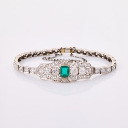 Platinum, Handmade, Art Deco Style, Antique, Imitation Emerald / 5.27ct Diamond Bracelet
